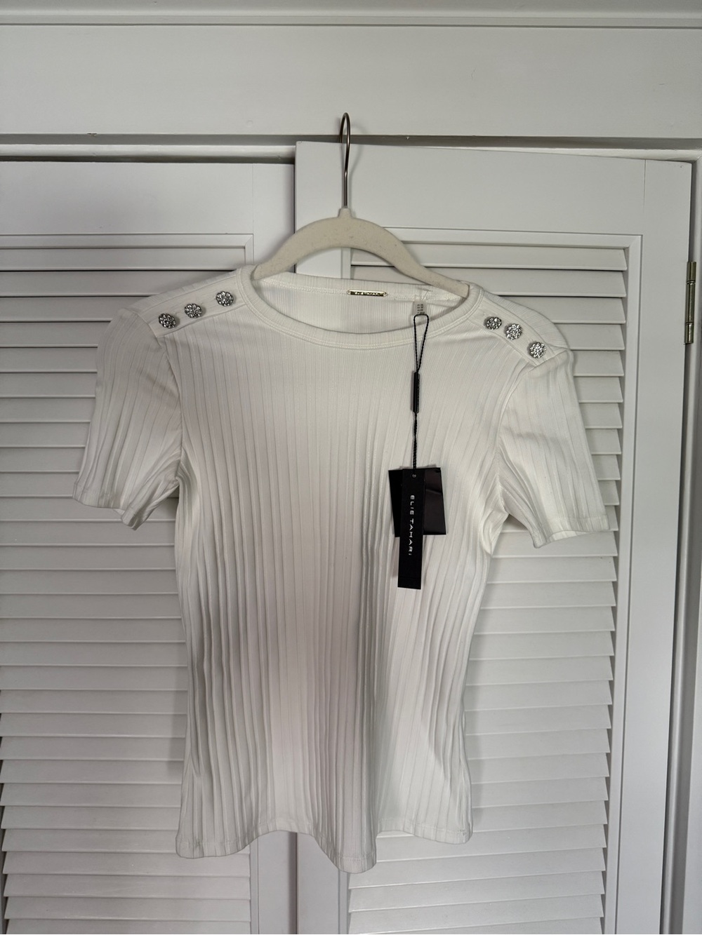 Elie Tahari White Ribbed Short-Sleeve Top with Crystal Buttons